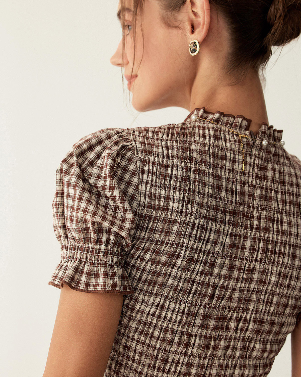 Marielle | Coffee Gingham Puffed Sleeve Mini Dress