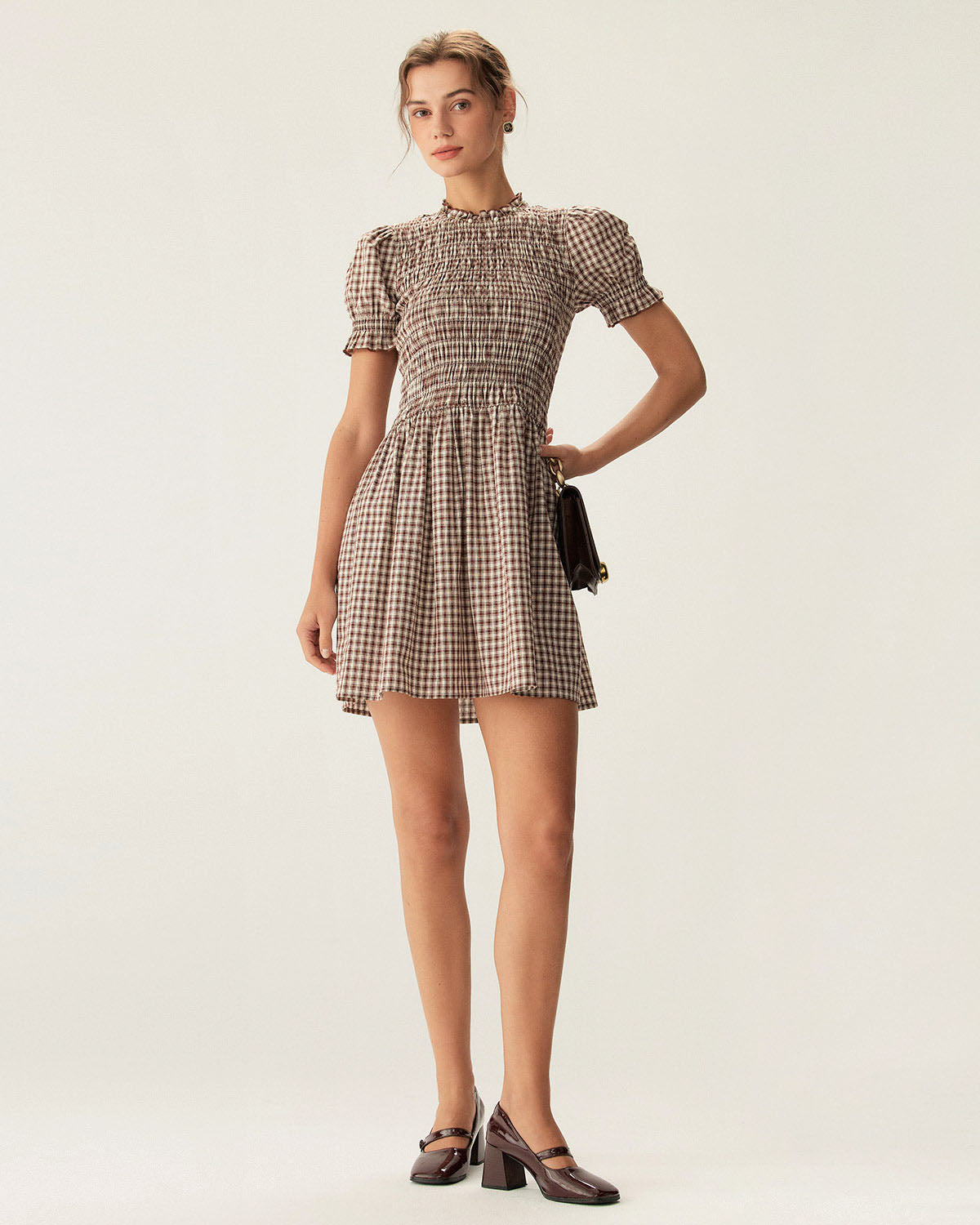 Marielle | Coffee Gingham Puffed Sleeve Mini Dress