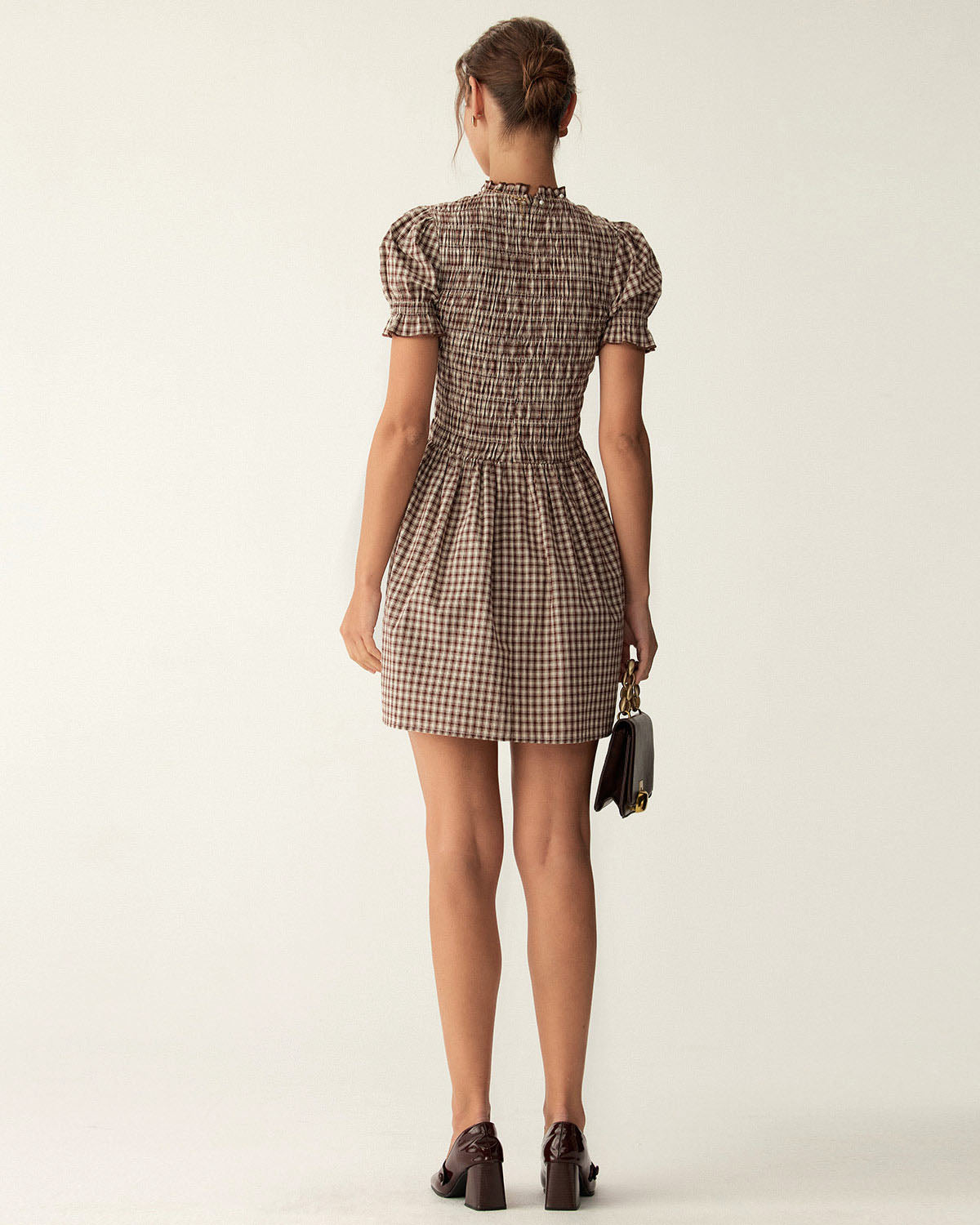 Marielle | Coffee Gingham Puffed Sleeve Mini Dress