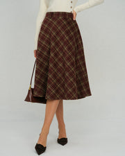 Red Plaid Floral Midi Skirt